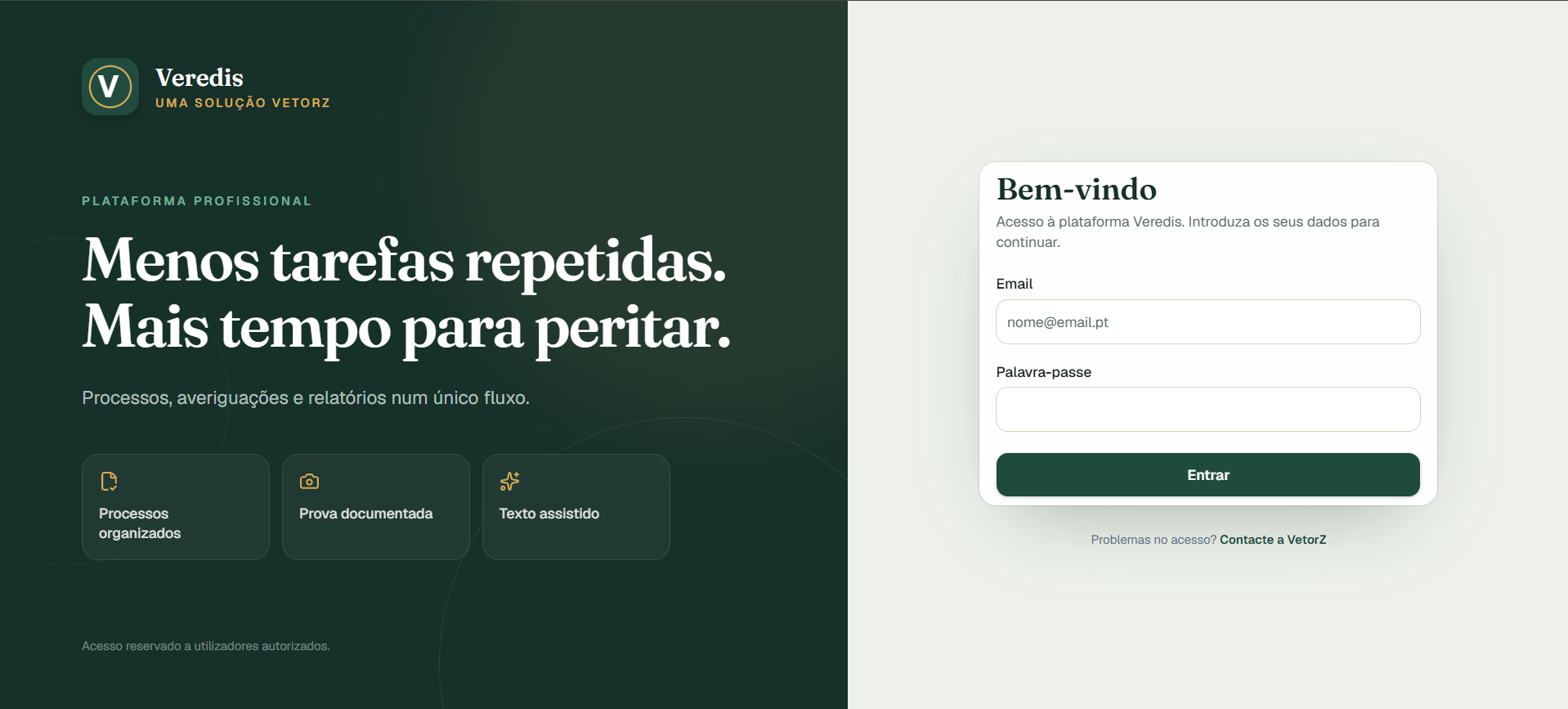 Ecrã de acesso à plataforma Veredis