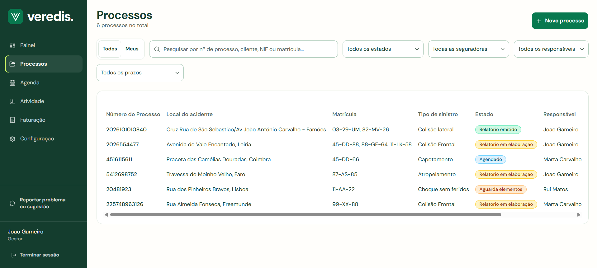 Lista de processos com pesquisa, filtros, matrícula, tipo de sinistro, estado e responsável