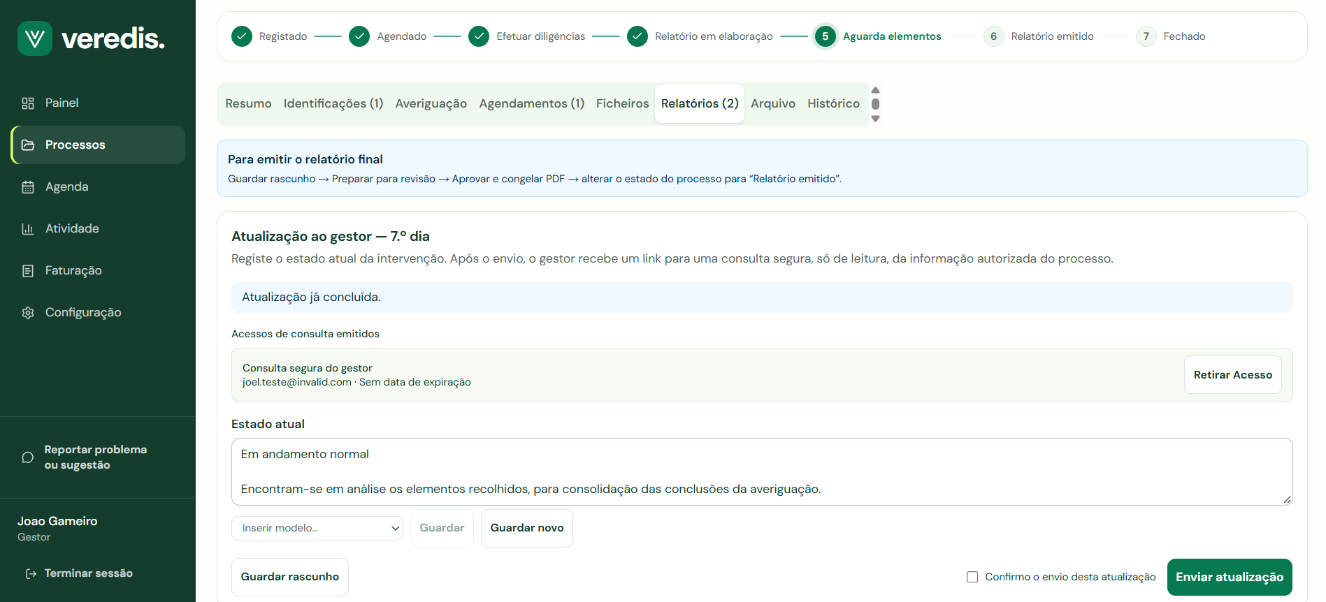 Atualização ao gestor do 7.º dia com estado atual, acesso de consulta emitido e confirmação de envio
