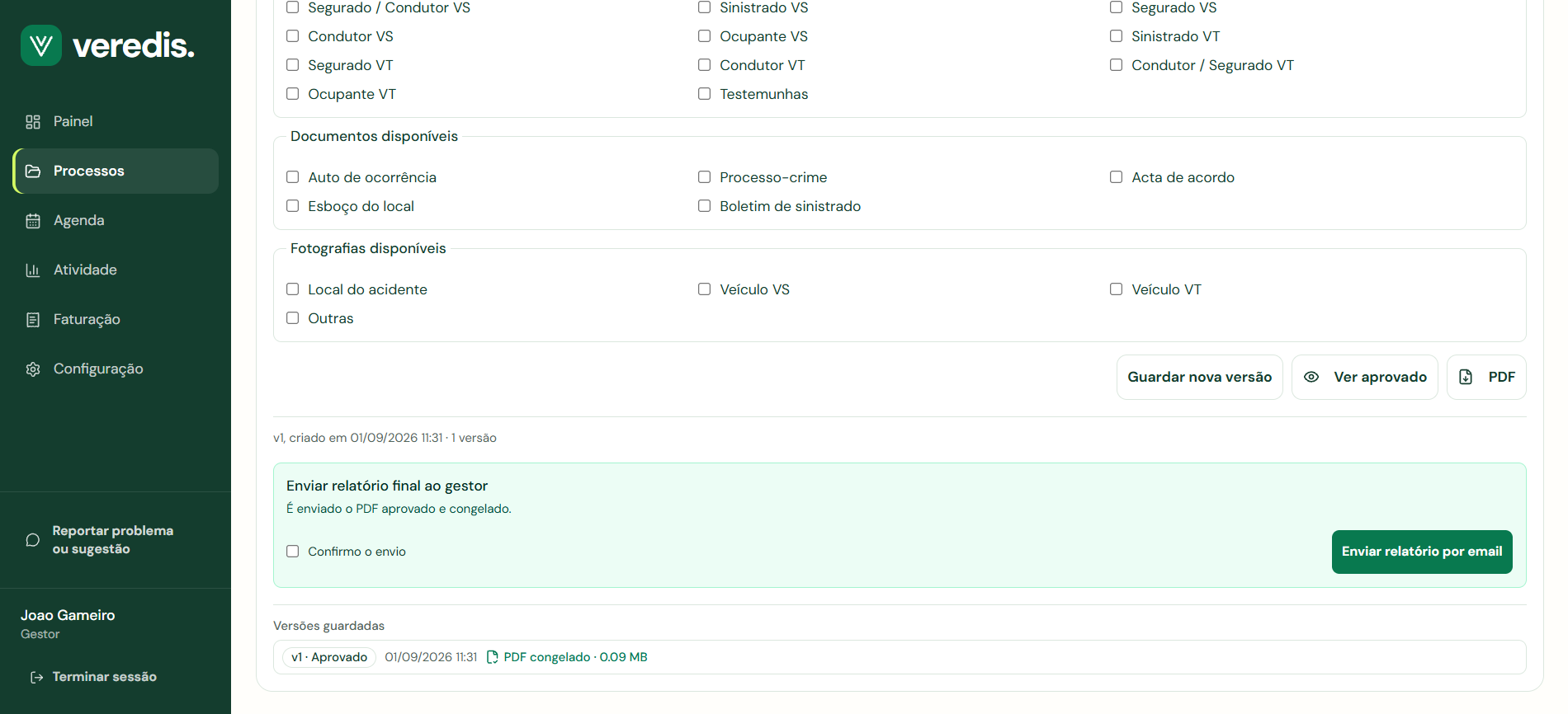 Versão aprovada do PDF, versões guardadas e confirmação do envio do relatório final por email